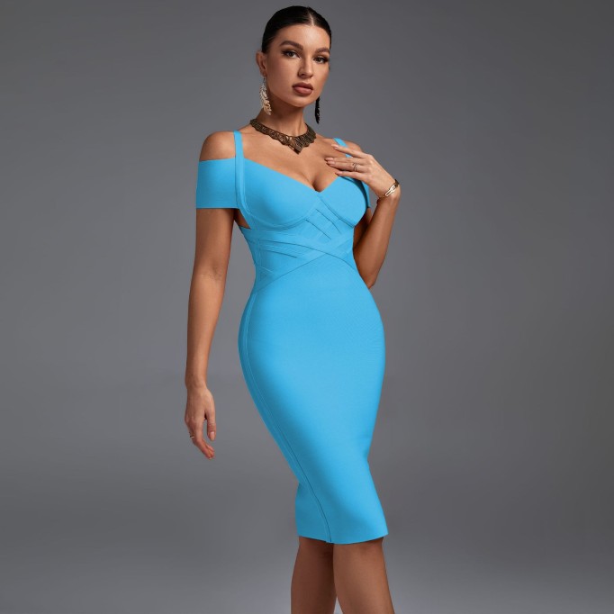 V Neck Mid Sleeve Striped Over Knee Bandage Dress