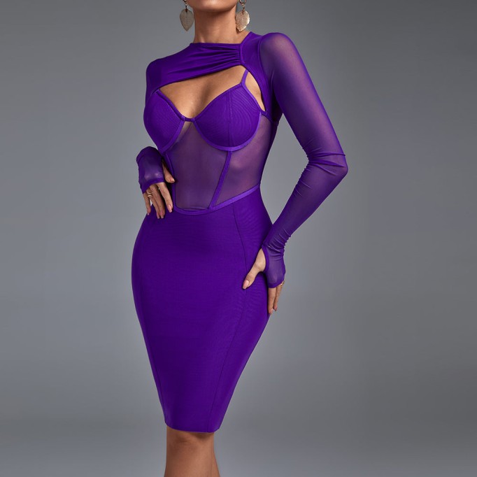 Long Sleeve Cut Out Mesh Bandage Dress