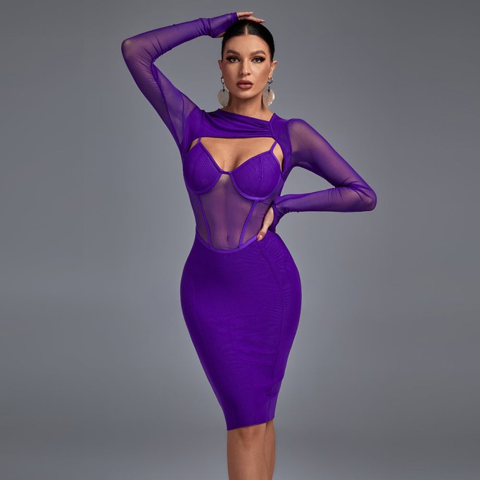 Long Sleeve Cut Out Mesh Bandage Dress