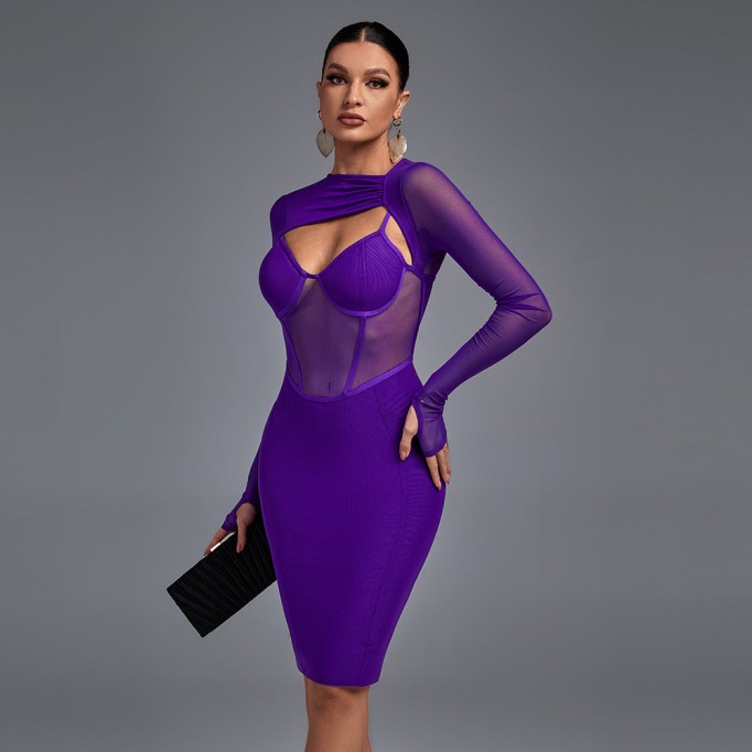 Long Sleeve Cut Out Mesh Bandage Dress