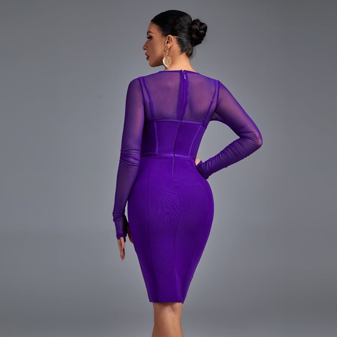 Long Sleeve Cut Out Mesh Bandage Dress