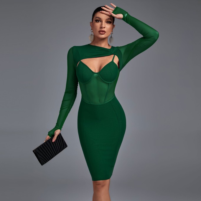 Long Sleeve Cut Out Mesh Bandage Dress