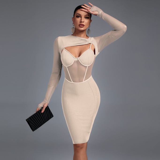 Long Sleeve Cut Out Mesh Bandage Dress