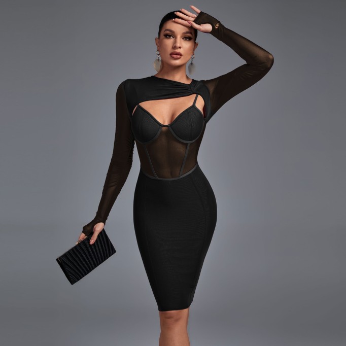 Long Sleeve Cut Out Mesh Bandage Dress