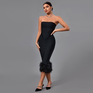 Strapless Feather Midi Bandage Dress