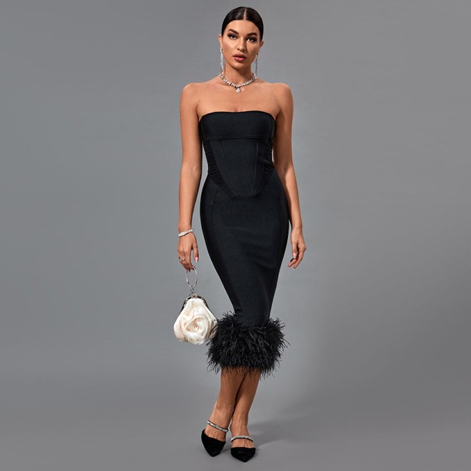 Strapless Feather Midi Bandage Dress