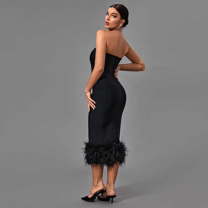 Strapless Feather Midi Bandage Dress