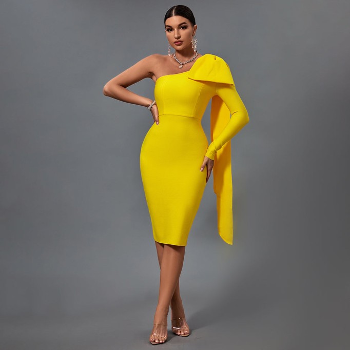 Asymmetrical Bowknot Midi Bandage Dress