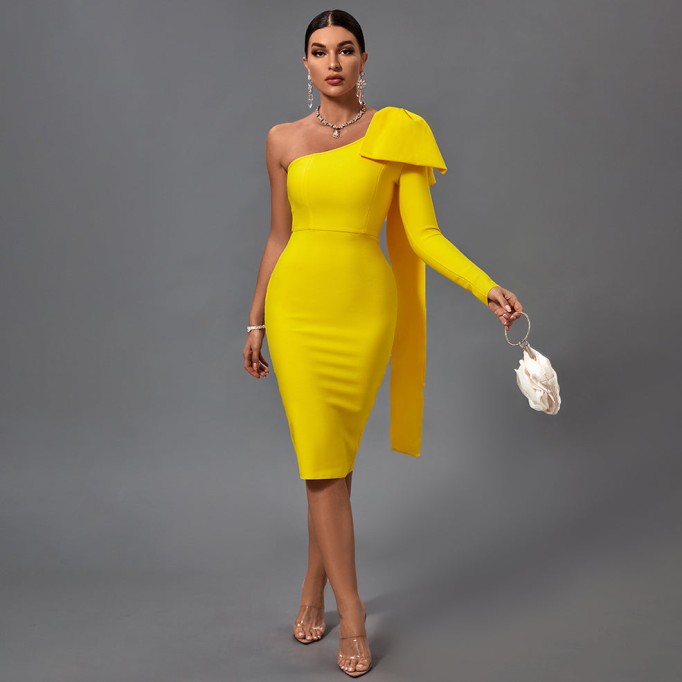 Asymmetrical Bowknot Midi Bandage Dress