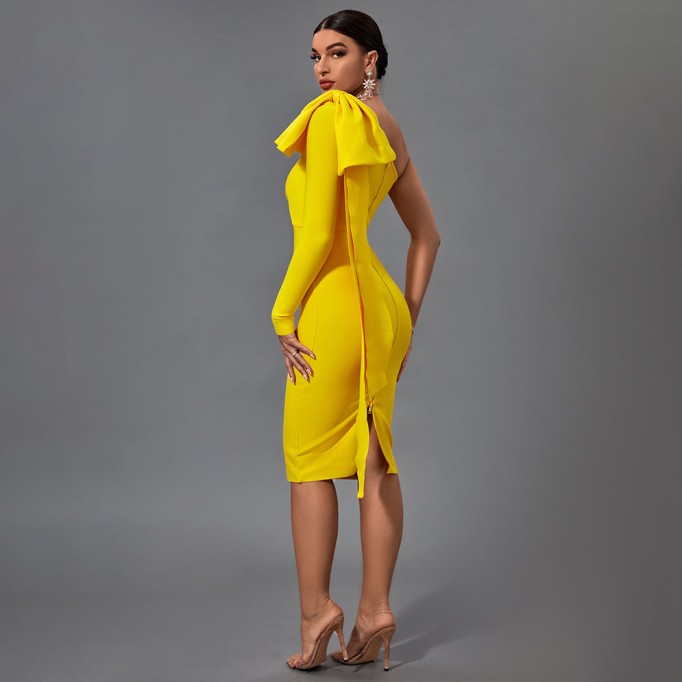 Asymmetrical Bowknot Midi Bandage Dress