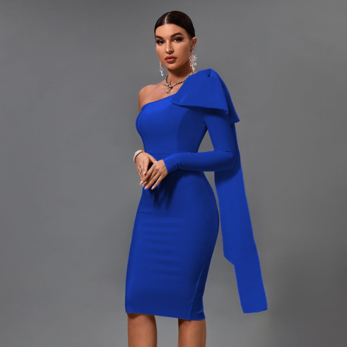 Asymmetrical Bowknot Midi Bandage Dress