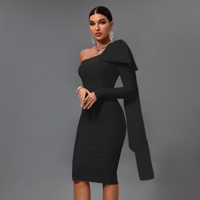 Asymmetrical Bowknot Midi Bandage Dress