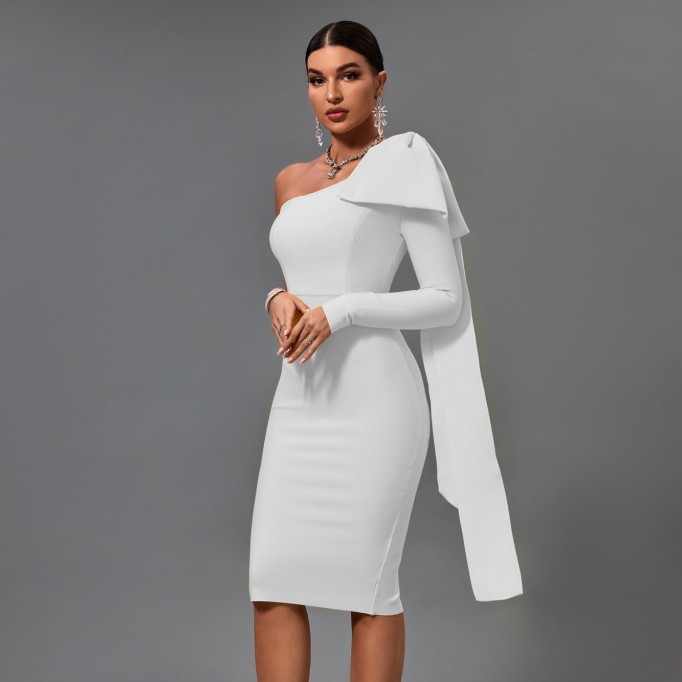 Asymmetrical Bowknot Midi Bandage Dress