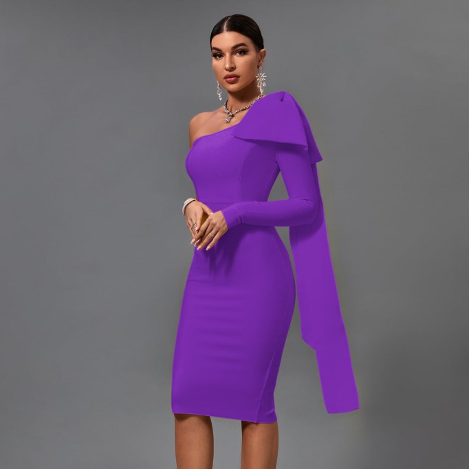 Asymmetrical Bowknot Midi Bandage Dress