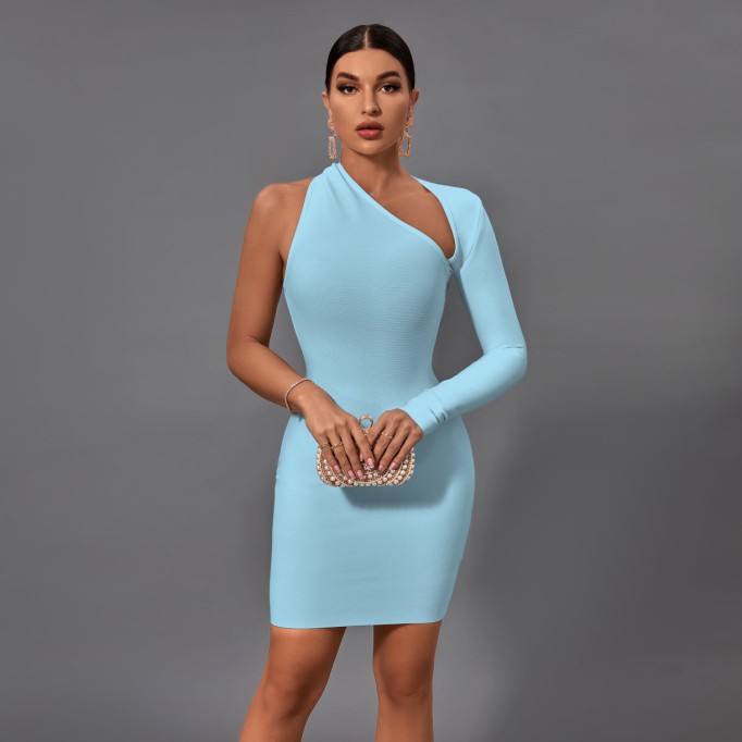 Halter One Sleeve Asymmetrical Mini Bandage Dress