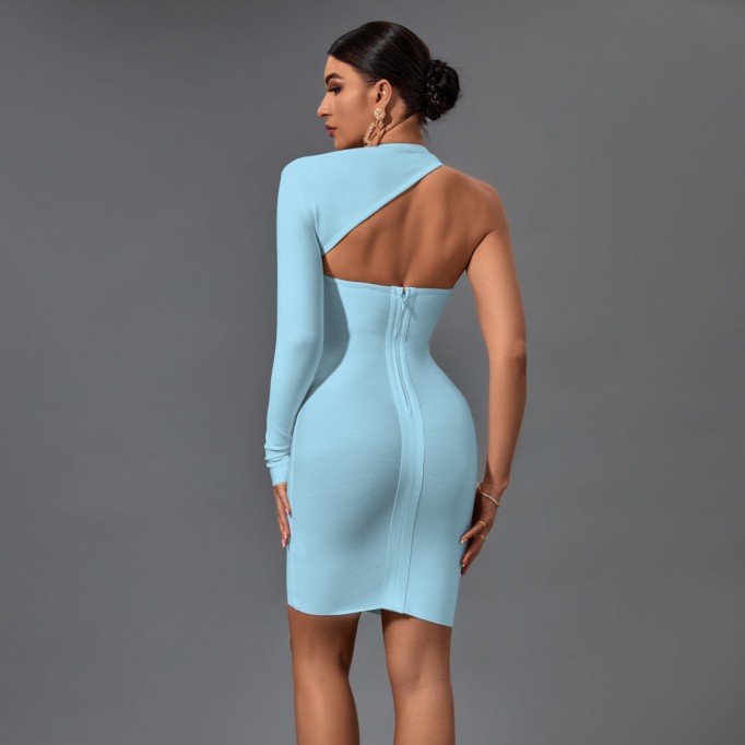 Halter One Sleeve Asymmetrical Mini Bandage Dress