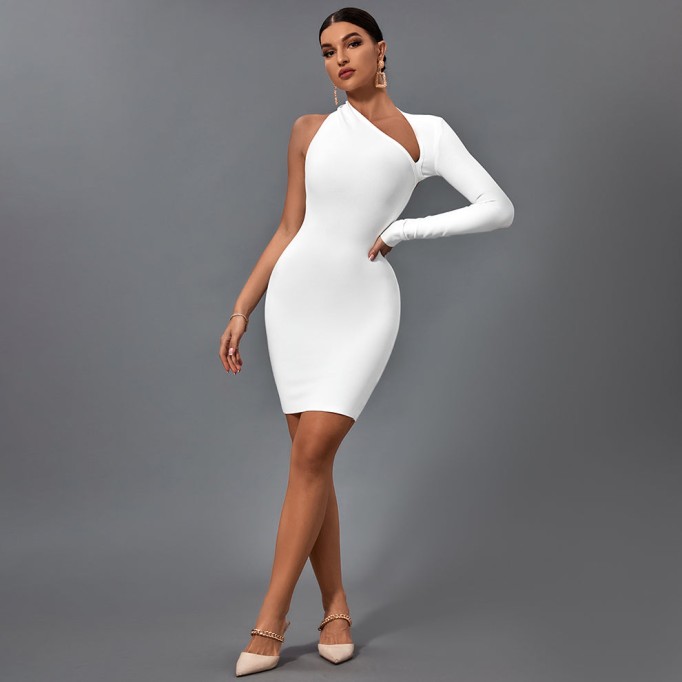 Halter One Sleeve Asymmetrical Mini Bandage Dress