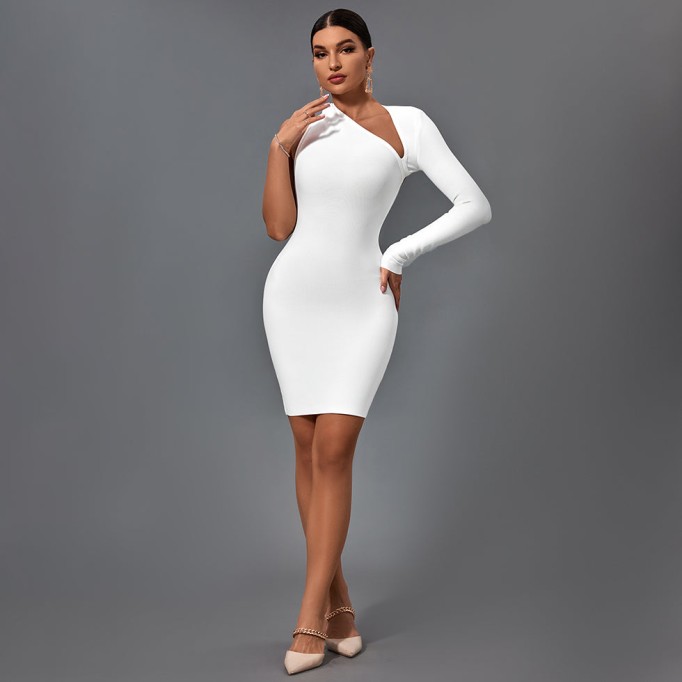 Halter One Sleeve Asymmetrical Mini Bandage Dress