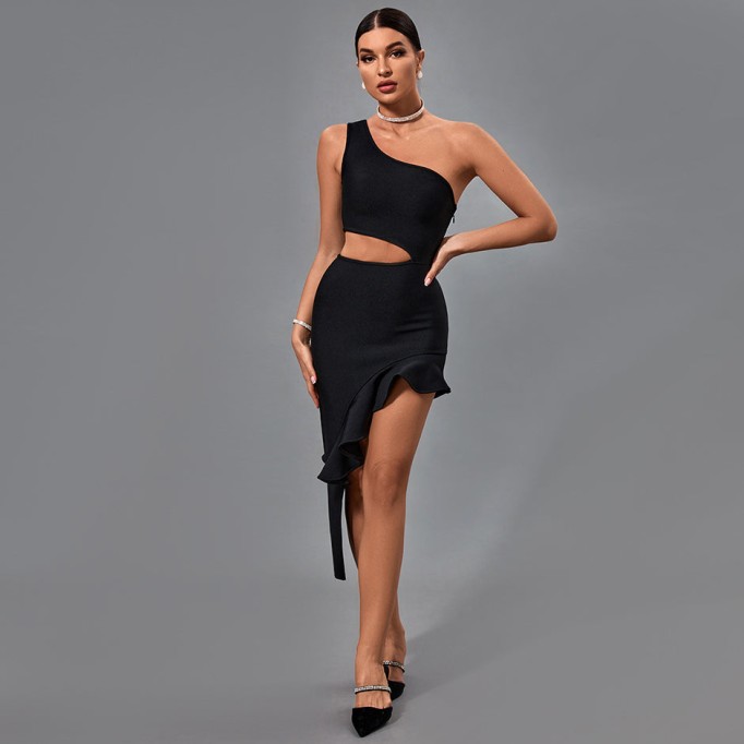 One Shoulder Cut Out Asymmetrical Midi Bandage Dress