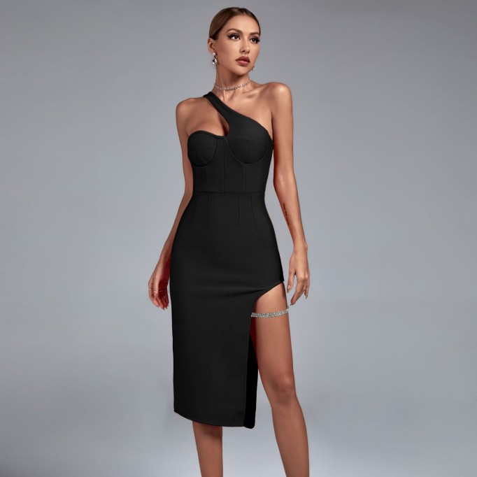 One Shoulder Sleeveless Midi Bandage Dress