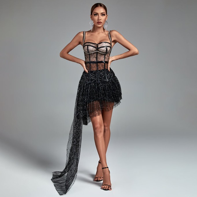 Strappy Mesh Sequined Draping Corset Gown