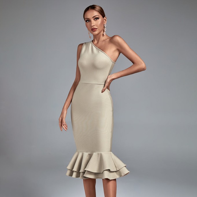 One Shoulder Fishtail Midi Bandage Dress