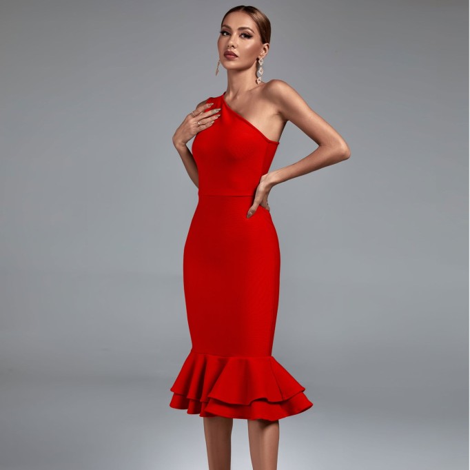 One Shoulder Fishtail Midi Bandage Dress