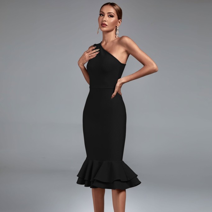 One Shoulder Fishtail Midi Bandage Dress