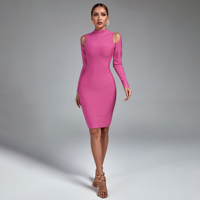 High Neck Long Sleeve Cut Out Bandage Dress