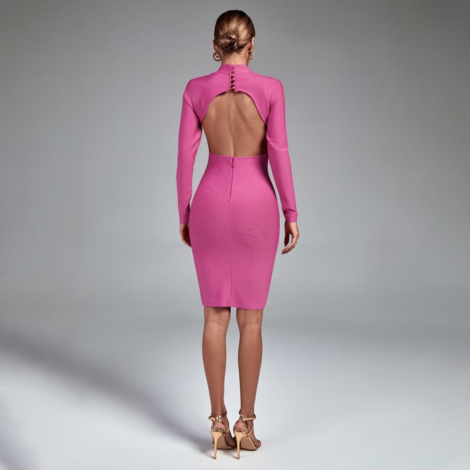 High Neck Long Sleeve Cut Out Bandage Dress