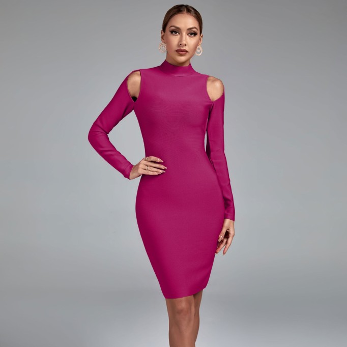 High Neck Long Sleeve Cut Out Bandage Dress