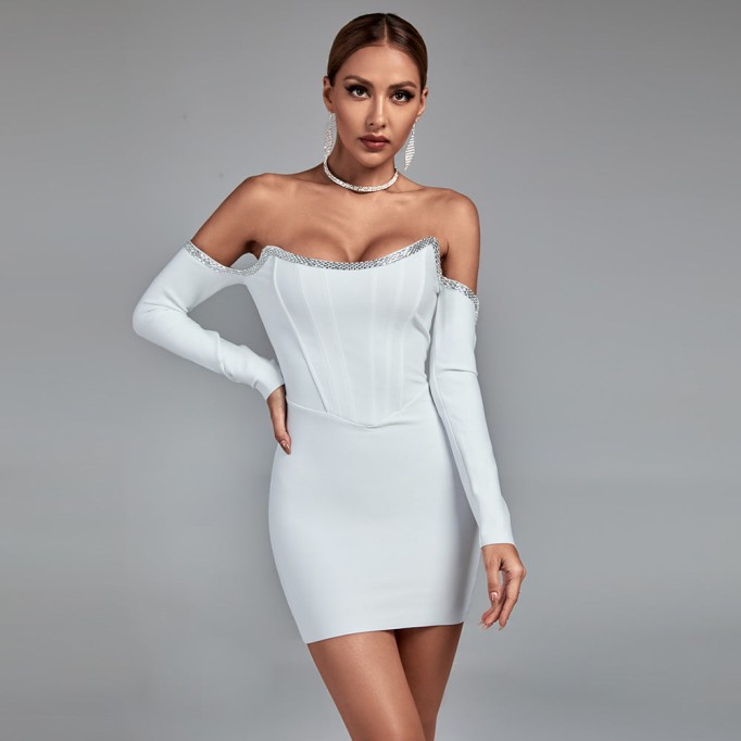 Off Shoulder Drill Chain Mini Bandage Dress