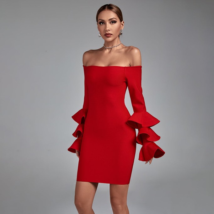 Off Shoulder Long Sleeve Frill Bandage Dress