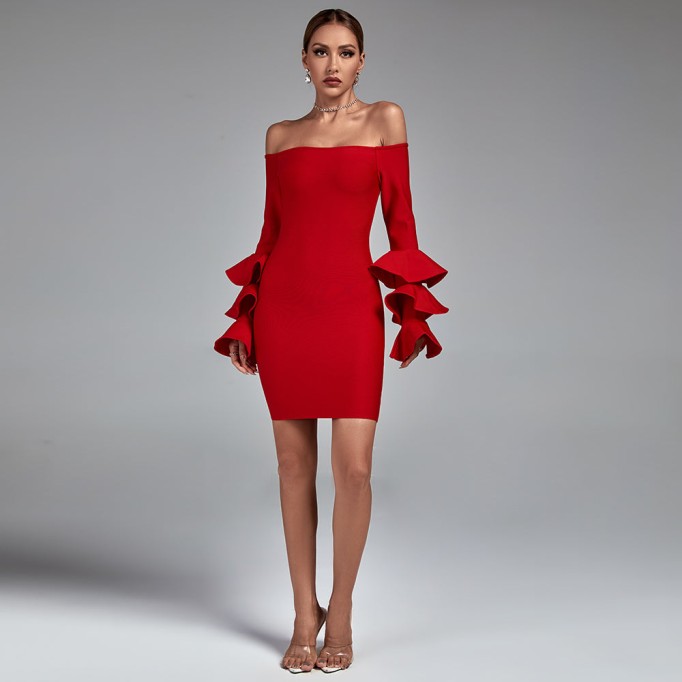 Off Shoulder Long Sleeve Frill Bandage Dress