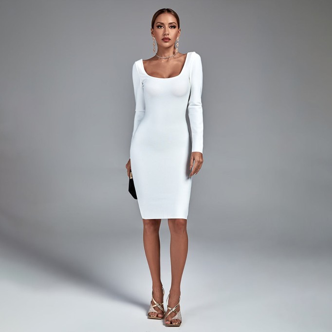 Square Collar Long Sleeve Plain Bandage Dress