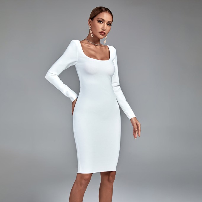 Square Collar Long Sleeve Plain Bandage Dress