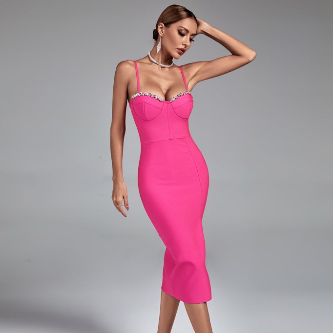 Strappy Drill Chain Midi Bandage Dress