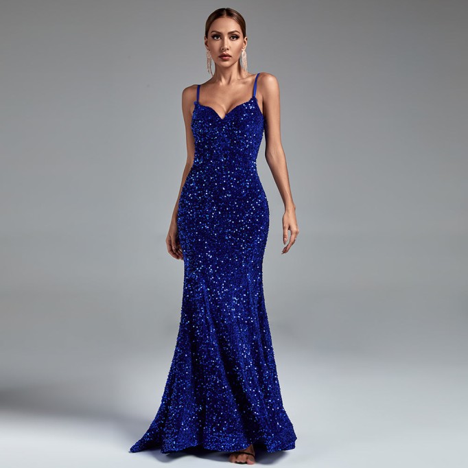 Strappy Sleeveless Sequined Maxi Prom Dress