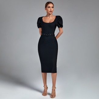 Square Collar Short Sleeve Midi Bandage Dress