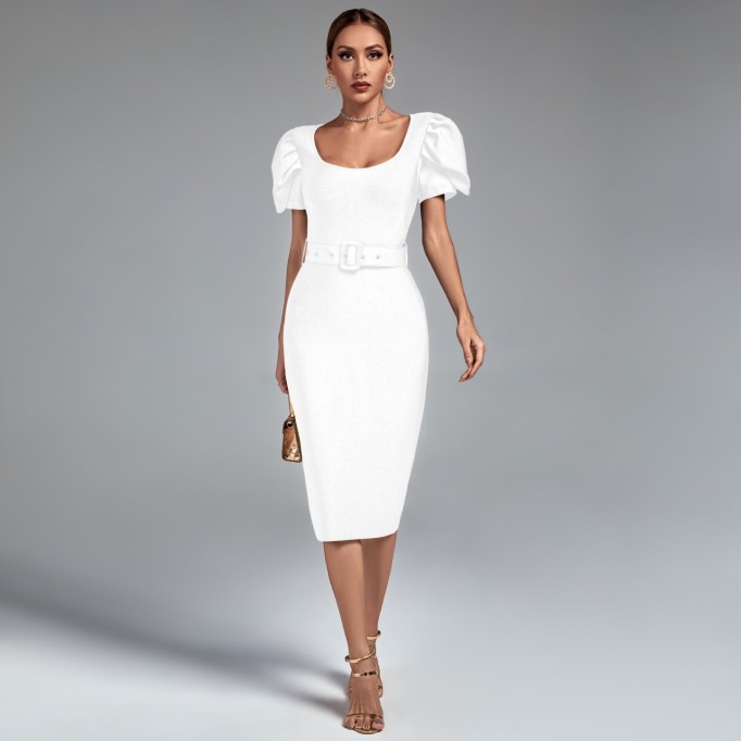 Square Collar Short Sleeve Midi Bandage Dress