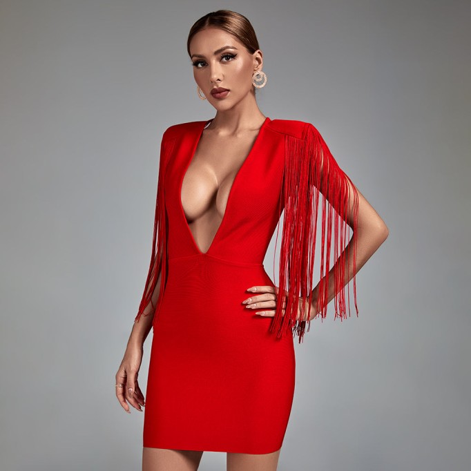 V Neck Tassels Mini Bandage Dress