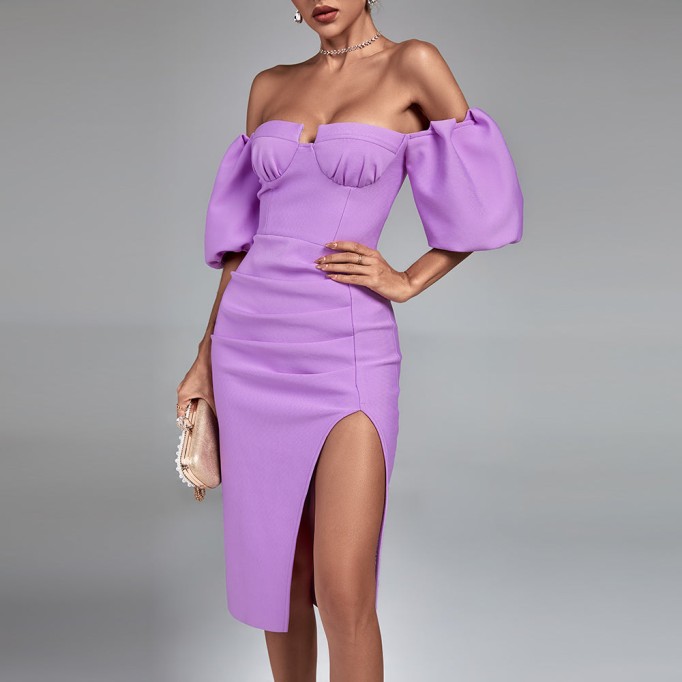 Off Shoulder Slit Midi Bandage Dress