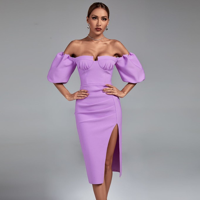 Off Shoulder Slit Midi Bandage Dress