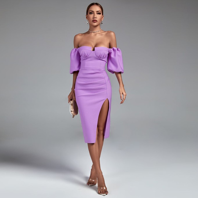 Off Shoulder Slit Midi Bandage Dress