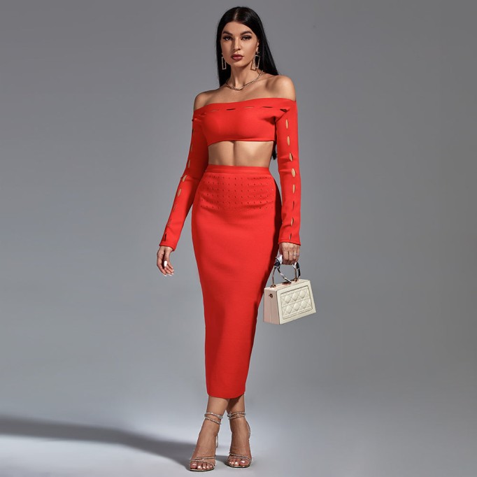 Off Shoulder Exposed Waist Bandage Set