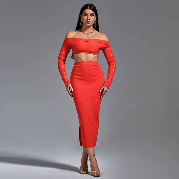 Off Shoulder Exposed Waist Bandage Set