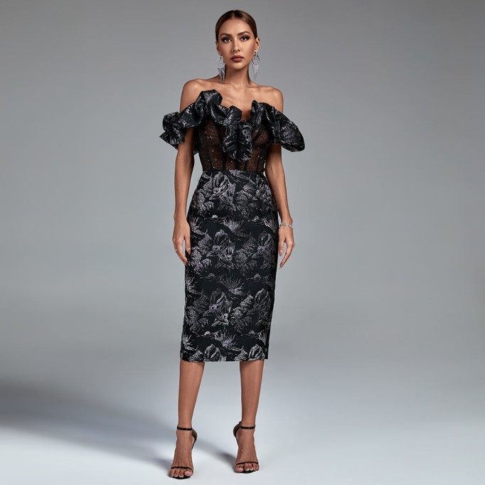 Off Shoulder Pleated Midi Elegant Bodycon Dress