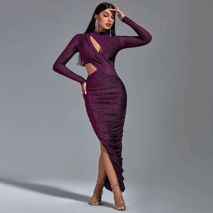 Long Sleeve Metallic Jersey Cutout Dress