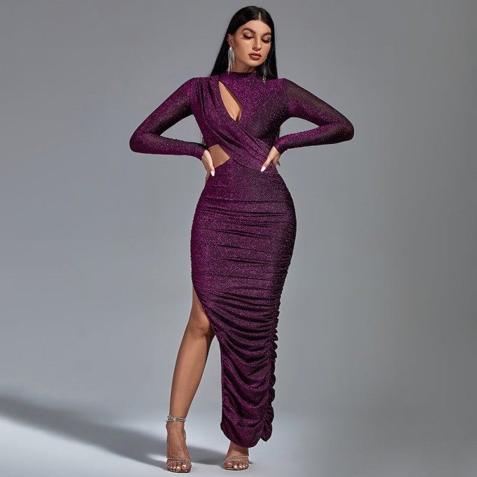 Long Sleeve Metallic Jersey Cutout Dress