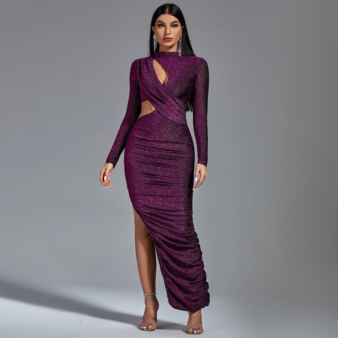 Long Sleeve Metallic Jersey Cutout Dress